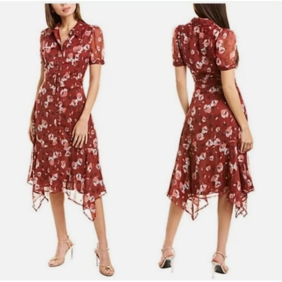 Walter Baker Dresses & Skirts - Walter Baker Smith Berry Hibiscus Burgundy Floral Handkerchief Hem Mide Dress‎ S